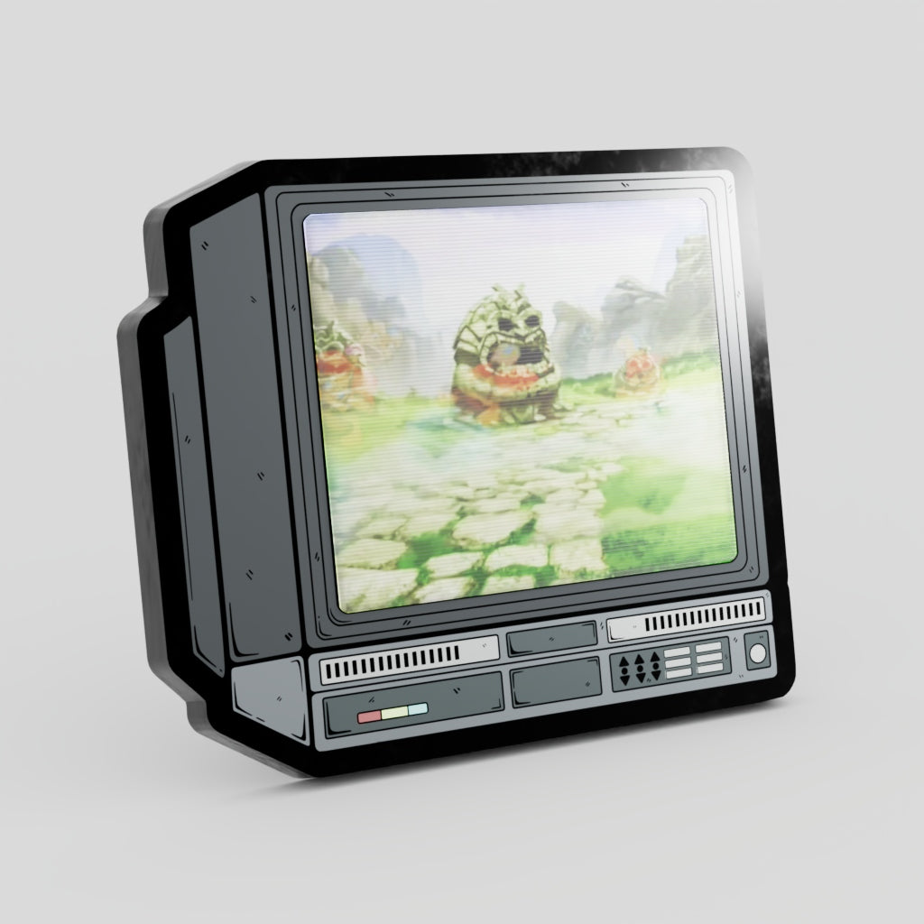 Vintage-style television set displaying a video game scene on a gray Aang Lenticular Pin background