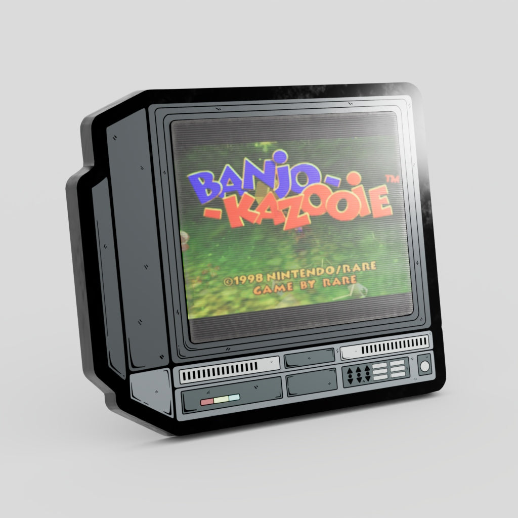 Vintage-style video game console with 'Banjo-Kazooie' game displayed on screen Banjo Kazooie Enamel Pin Lenticular