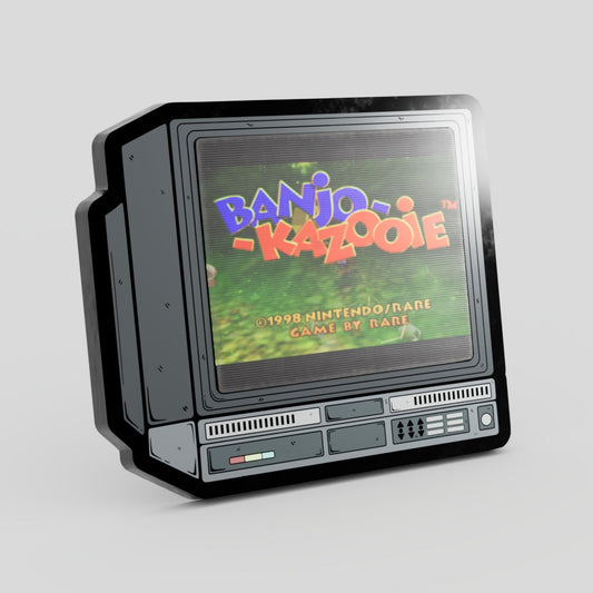 Vintage-style video game console with 'Banjo-Kazooie' game displayed on screen Banjo Kazooie Enamel Pin Lenticular