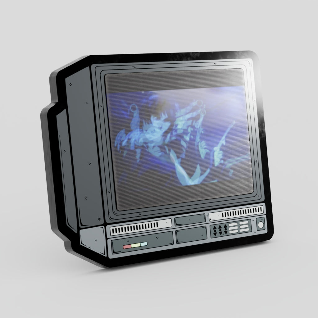 Vintage-style television set with a futuristic display on a gray background

Black Lagoon Lenticular Enamel Pin