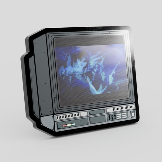 Vintage-style television set with a futuristic display on a gray background

Black Lagoon Lenticular Enamel Pin