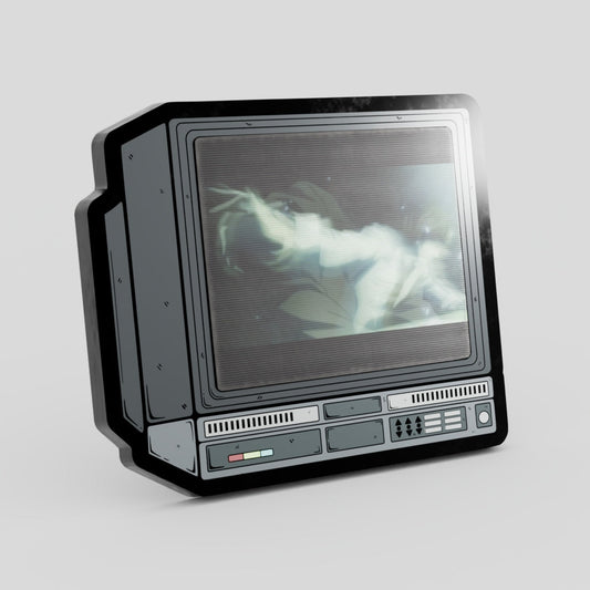 Vintage-style television set with a cloud on the screen against a light gray background Death Note Lenticular Enamel Pin On CRTV