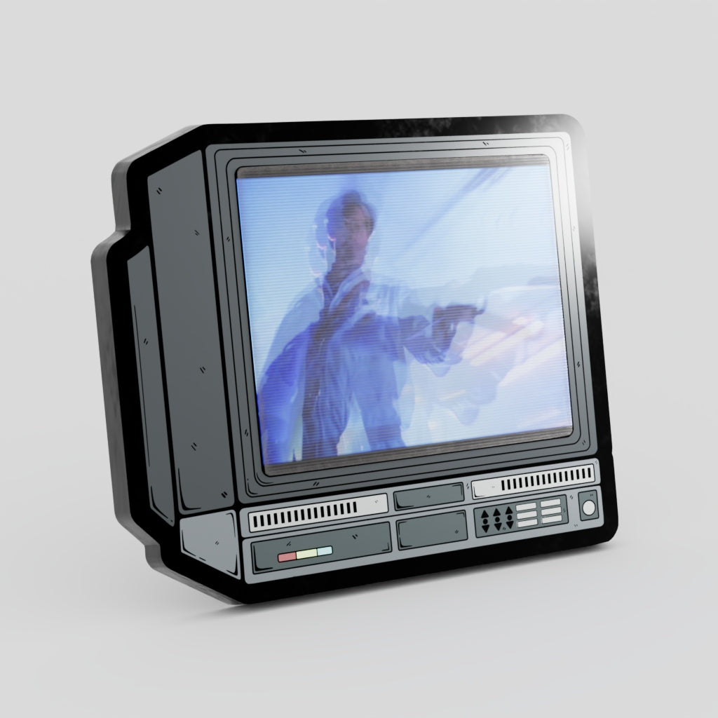 Vintage-style television set with a person on the screen against a light gray background Evil Dead Ash Lenticular Pin
