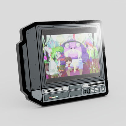 Vintage-style television set displaying an animated scene on a gray background Fosters Home For Imaginary Friends Lenticular Enamel Pin
