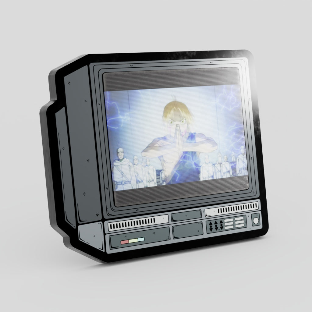Vintage-style television set with a character on the screen against a gray background Full Metal Alchemist Edward Enamel Pin Lenticular