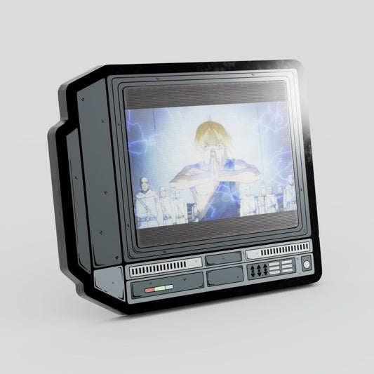 Vintage-style television set with a character on the screen against a gray background Full Metal Alchemist Edward Enamel Pin Lenticular