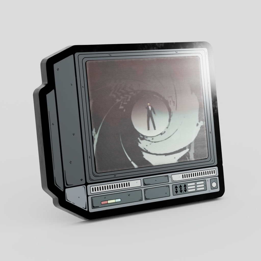 Vintage-style television set with a person silhouette on the screen against a gray background Golden Eye James Bond Enamel Pin CRT TV Nintendo 64