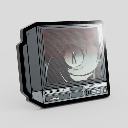 Vintage-style television set with a person silhouette on the screen against a gray background Golden Eye James Bond Enamel Pin CRT TV Nintendo 64