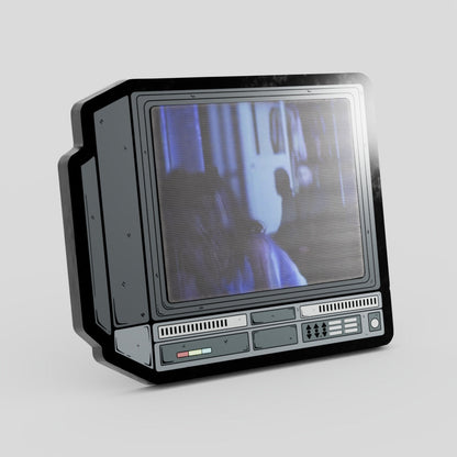 Vintage-style television set with a person reflected on the screen against a gray background Halloween Lenticular Hard Enamel Pin