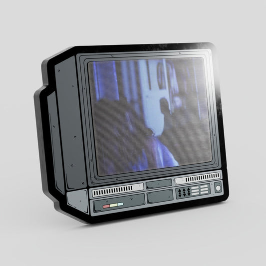Vintage-style television set with a person reflected on the screen against a gray background Halloween Lenticular Hard Enamel Pin