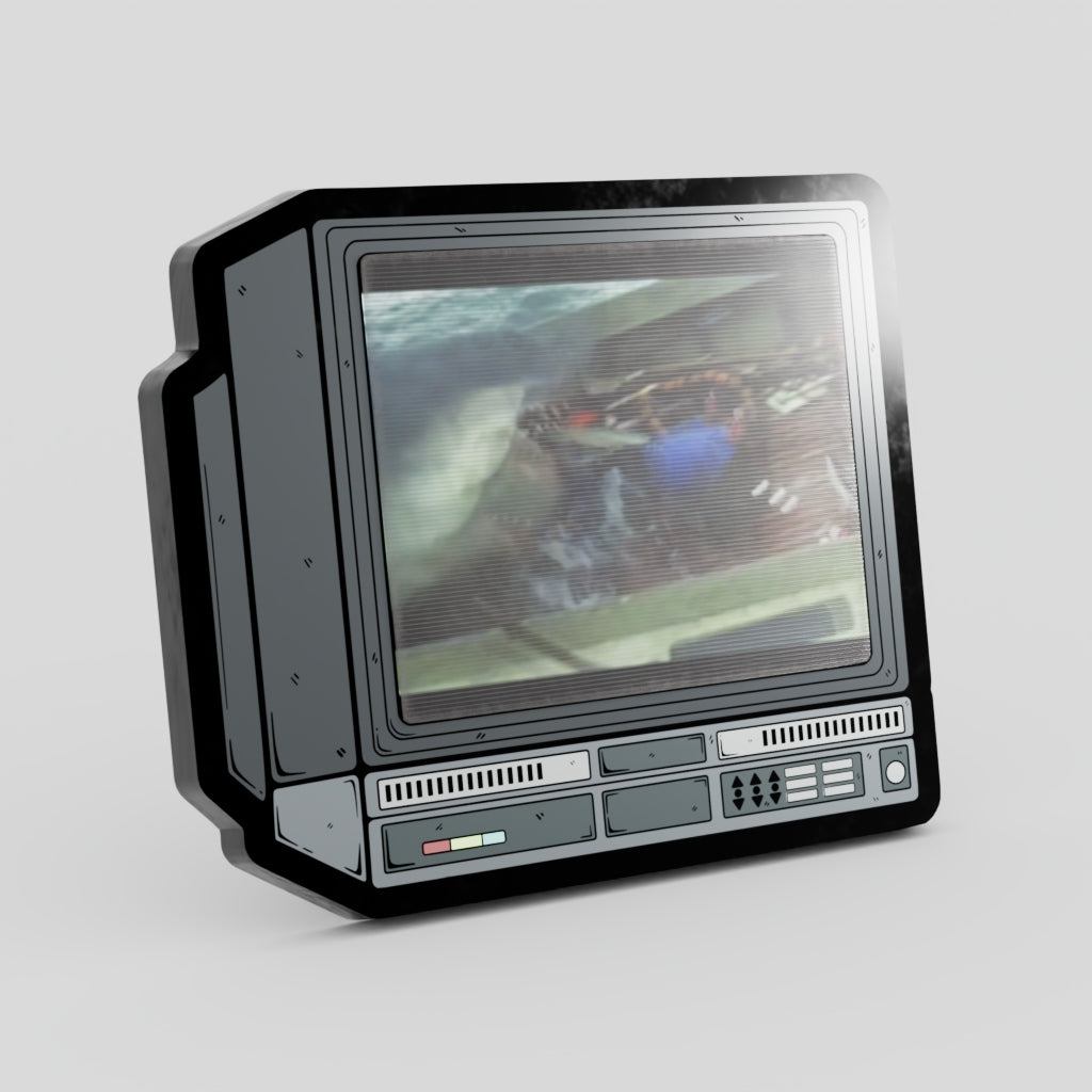 Vintage-style television set with a screen displaying an image of a space scene on a gray background Jaws Lenticular Enamel Pin