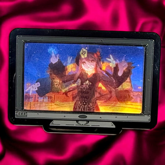 Small screen displaying an animated character on a pink and black background