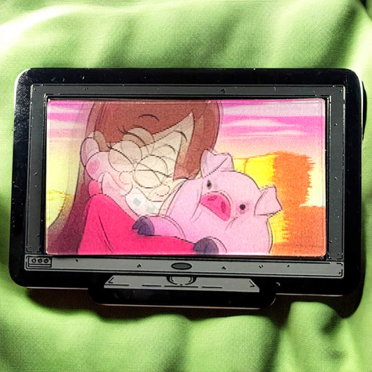 Small screen displaying an animated character on a green background