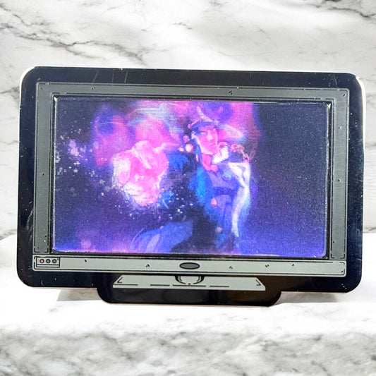 Small screen displaying a colorful nebula and astronaut on a marble surface