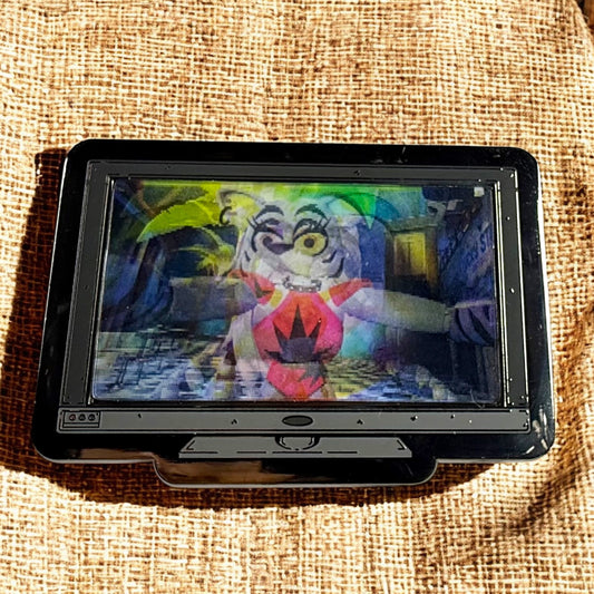 Colorful animated character on a tablet screen with a textured brown background