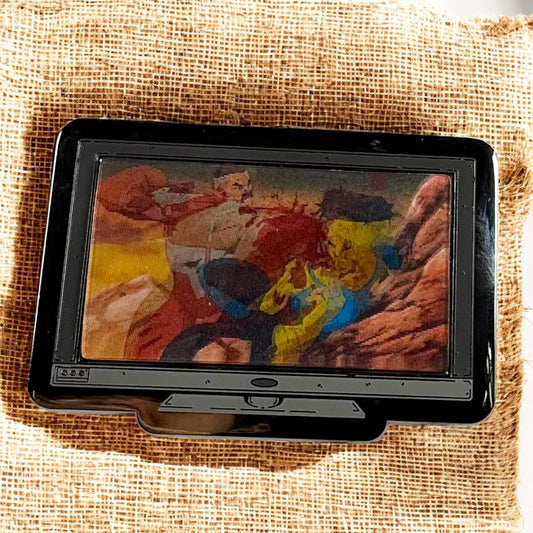 Digital photo frame displaying a colorful image on a textured fabric background