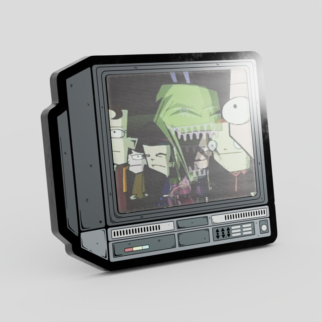Vintage-style television set with cartoon characters on a gray 
Invader Zim Laughing Lenticular Pin Enamel background
